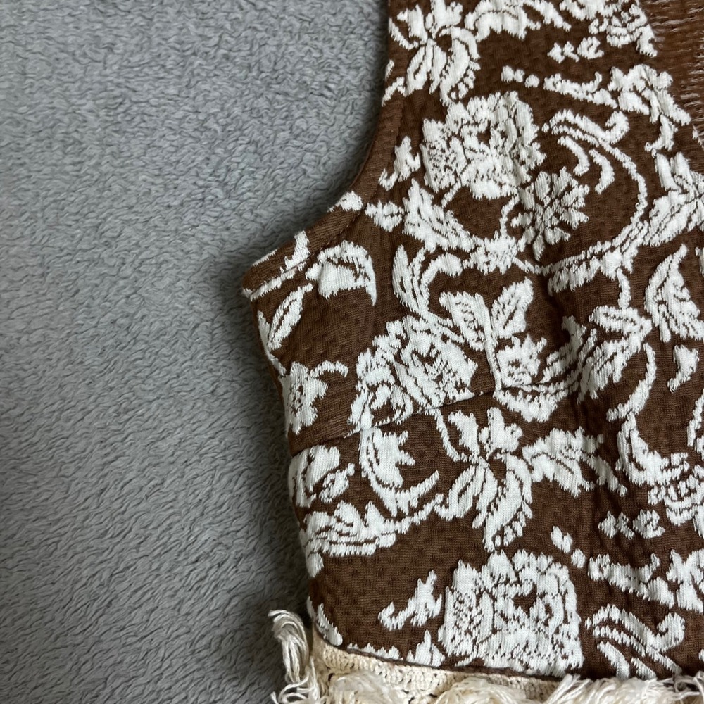 a'reve Anthro Brown Floral Embroidered Lace Boho Vest with Tassels Coverup Small - Picture 6 of 8